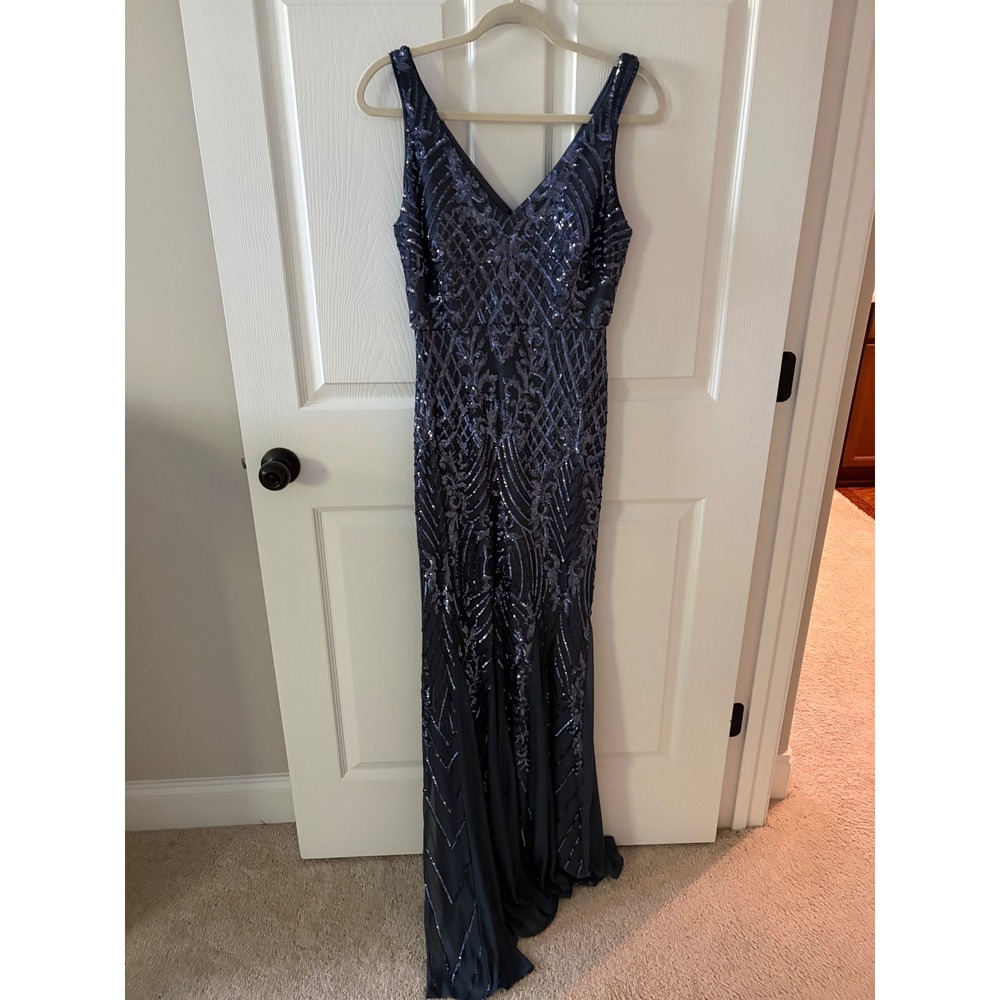 Galina Signature Women Navy Blue Sequin V-Neck Mermaid Gown Dress 4